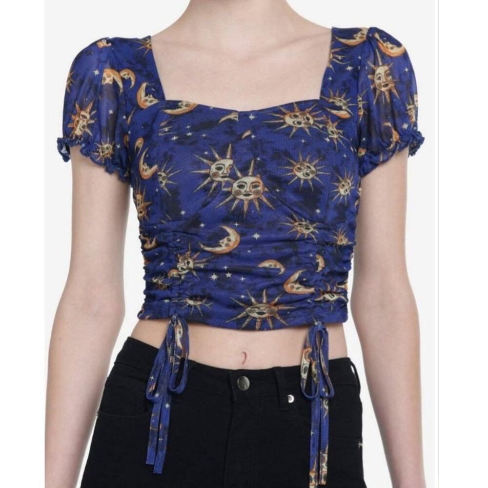 Hottopic Cosmic Aura sun & moon celestial print ruched mesh crop top corset goth